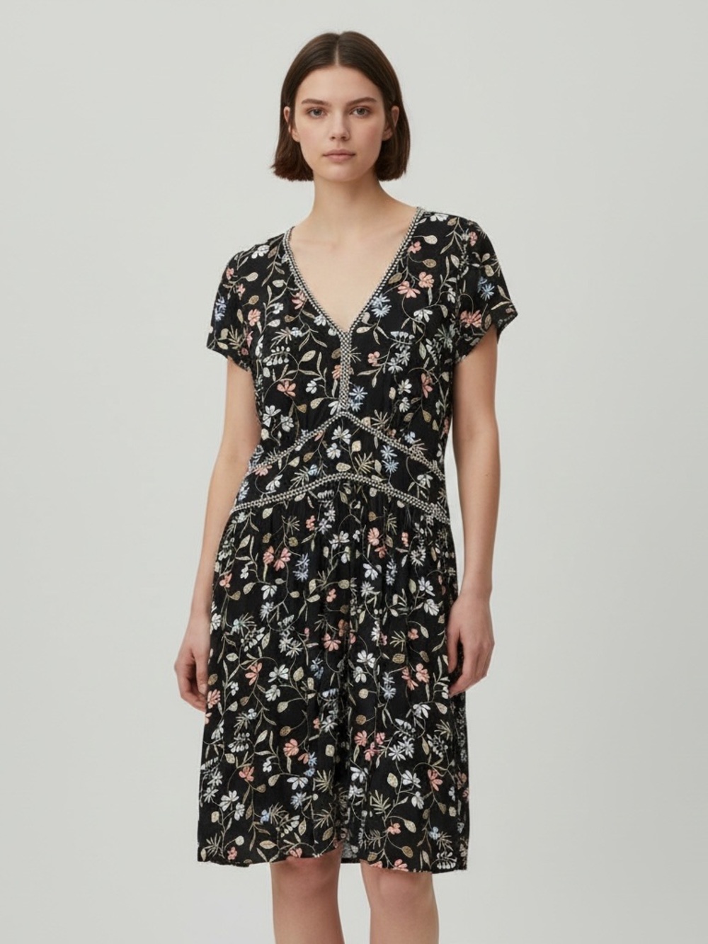 LOFT Floral Fit & Flare Summer Dress Sz 10 Black/Blue V-Neck Knee Length